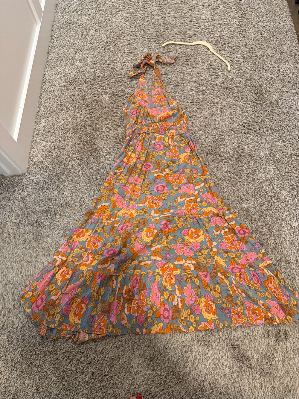 Halter Floral Maxi Dress in Pink and Orange